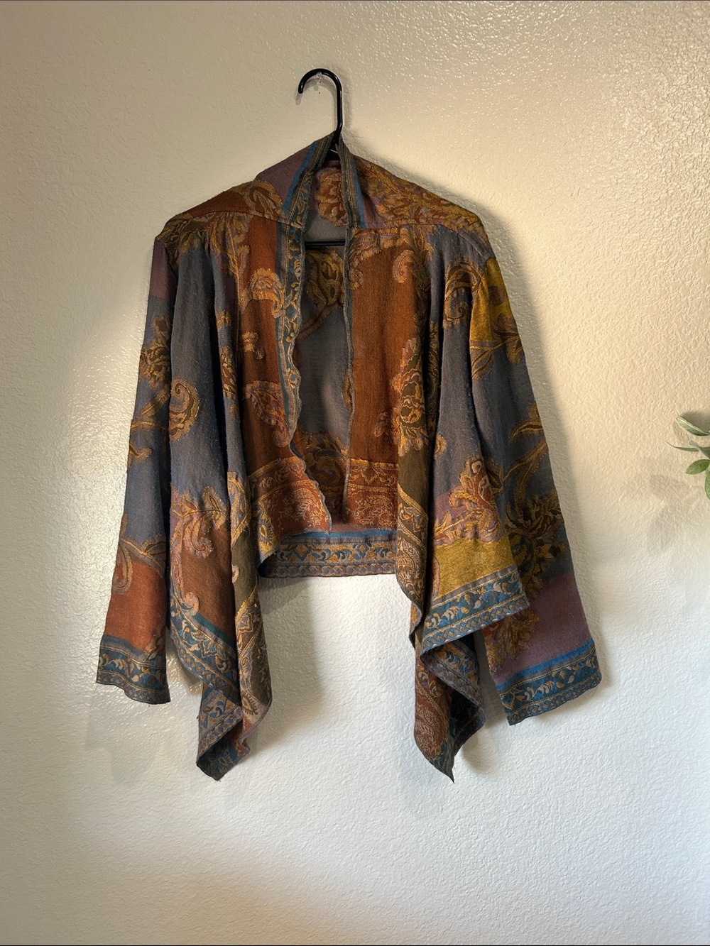 Baba Mustard Teal Rust Paisley Draped Cardigan 100% Wool One Size Chic TC0083